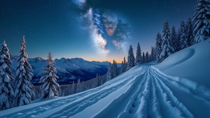 Majestic Milky Way Over Snow-Covered Mountain Forest, Panoramic Winter Night Landscape