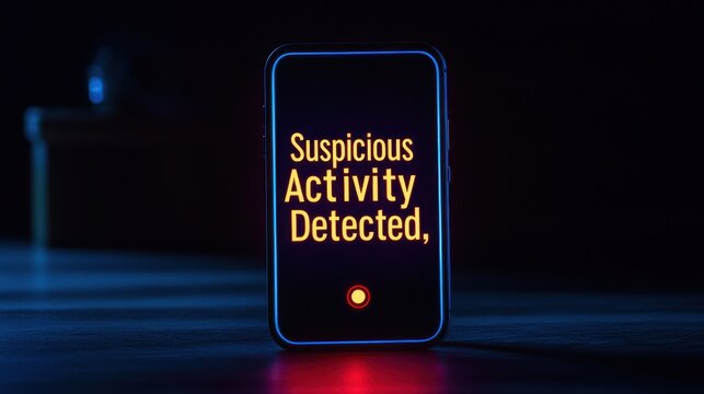 Spam call and scam technology, A mobile device displays a warning message about suspicious activity, illuminated in a dark environment, emphasizing security concerns.