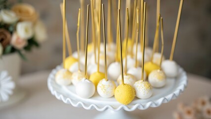 Elegant Wedding Cake Pops, White & Yellow Dessert Display on Gold Sticks