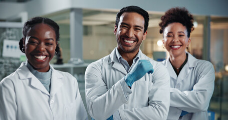 People, scientist and portrait with collaboration, vaccine work and professional with confidence...