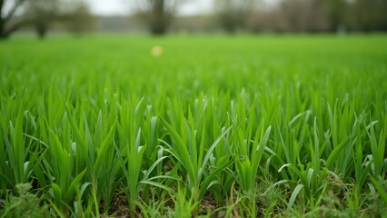 Fototapeta premium Close-Up Spring Grass Blades, Lush Green Field with Cut Grass Patch, Soft Light, Trees in Background