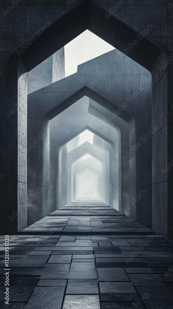 Poster mysterious corridor with archways leads into foggy depths of light showcasing an intriguing interact