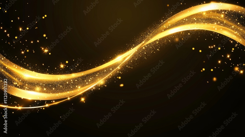 Poster elegant golden swirls and sparkling lights create a mesmerizing effect on a deep black background, e