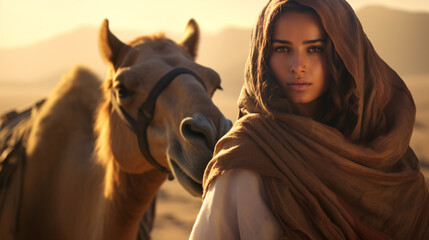 A cinematic poster-style image set in a dramatic, atmospheric scene, featuring a beautiful woman and a camel, with stunning visuals and dynamic lighting.
