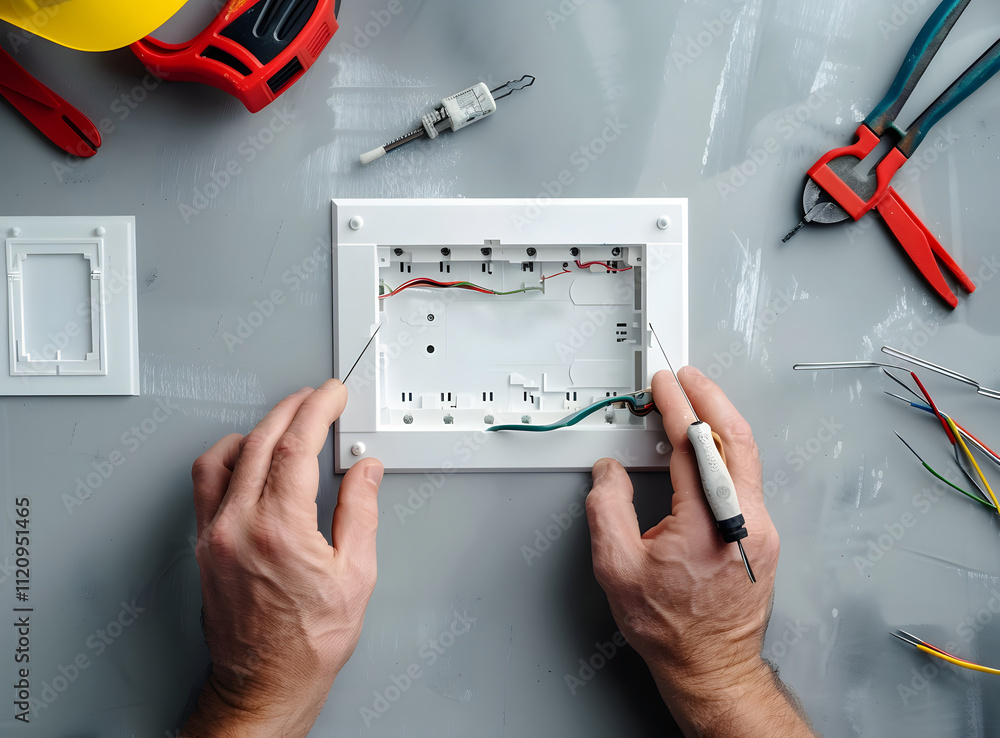 Poster a person repairing or installing a device, surrounded by tools and wires on a work surface.
