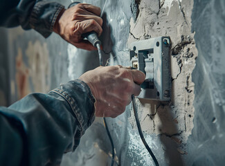 A person using a tool to work on an electrical outlet in a wall during renovation.