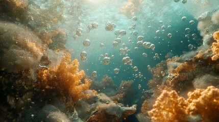 Obraz premium Underwater Wonder Reveals Golden Coral and Dancing Bubbles on a Serene Ocean Floor at Midday