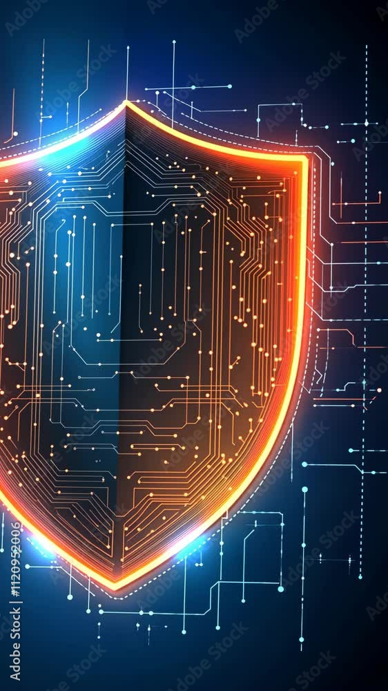 Poster shield design with glowing circuitry pattern representing cybersecurity concepts in a digital enviro
