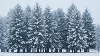 Fototapeta premium Snow Covered Pine Trees in Winter Forest; Majestic Winter Wonderland Scene with Frosty Conifers and Snowy Field
