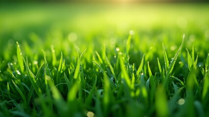 Fototapeta premium Close-Up of Lush Green Grass Background, Dewy Texture of a Perfectly Mowed Lawn, Vibrant Spring Meadow, Nature Photography, High-Resolution Image