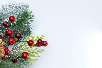 Abstract frosty Christmas decoration with snow pine branch and red berries, winter festive season background. Copy space. 