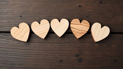 Obraz premium Five Simple Beige Wooden Hearts on Dark Wood, Valentine's Day Card Design
