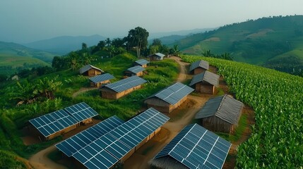 Market with rooftop solar panels and rainwater harvesting systems, supporting the needs of the rural community