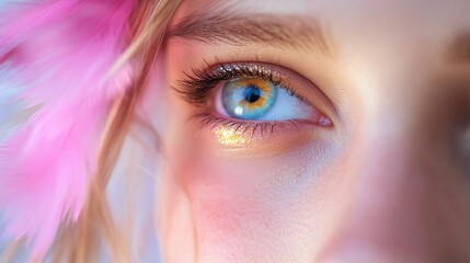 Close-up of a woman's eye with colorful makeup and feathers.