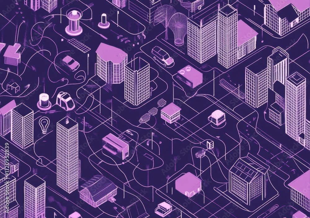 Poster intricate urban landscape showcasing modern architecture and interconnected pathways under a vibrant