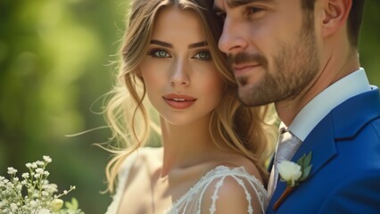 Fototapeta premium Close-up Romantic Wedding Portrait, Bride in White Dress, Groom in Blue Suit, Sunlight Through Trees