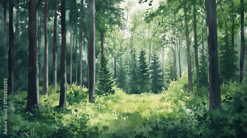 Poster lush green forest with sunlight filtering through trees in a tranquil setting