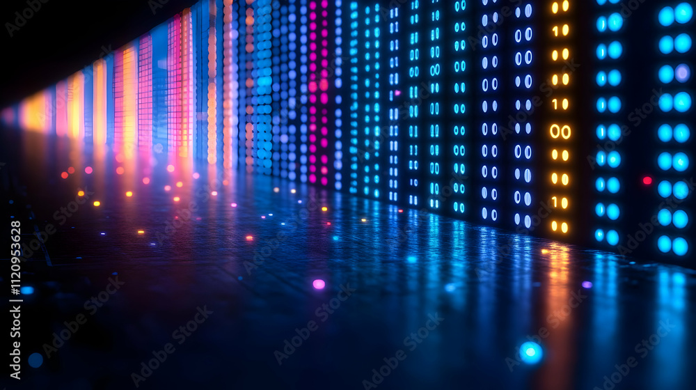 Poster digital data streams flowing in neon corridor