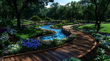A community park, beautifully designed with flowing fountains, a charming wooden bridge, and vibrant landscape elements