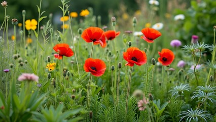 Fototapeta premium Vibrant Red Poppies in Lush Spring Garden, Wildflowers, Greenery, and Organic Vegetables