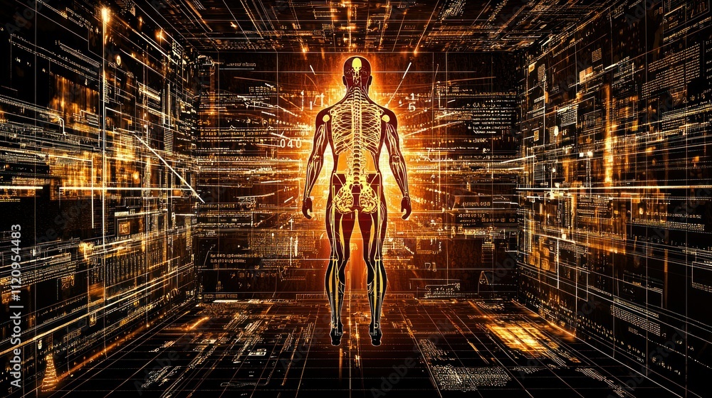 Poster a digital representation of a human figure surrounded by technology and data elements.