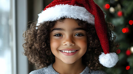 Child Smiles in Santa Hat, Holiday Cheer
