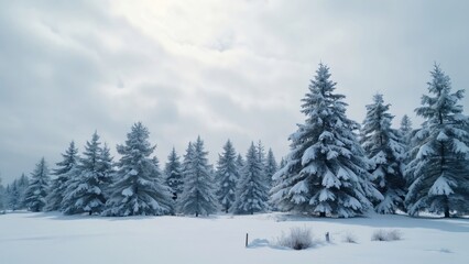 Naklejka premium Majestic Snow-Covered Pine Forest, Wide-Angle Winter Wonderland Landscape Photography