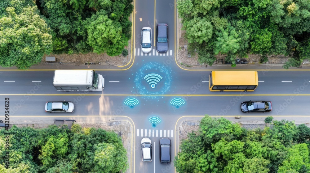 Poster aerial view of a smart intersection with wi-fi symbols and vehicles on a tree-lined road.