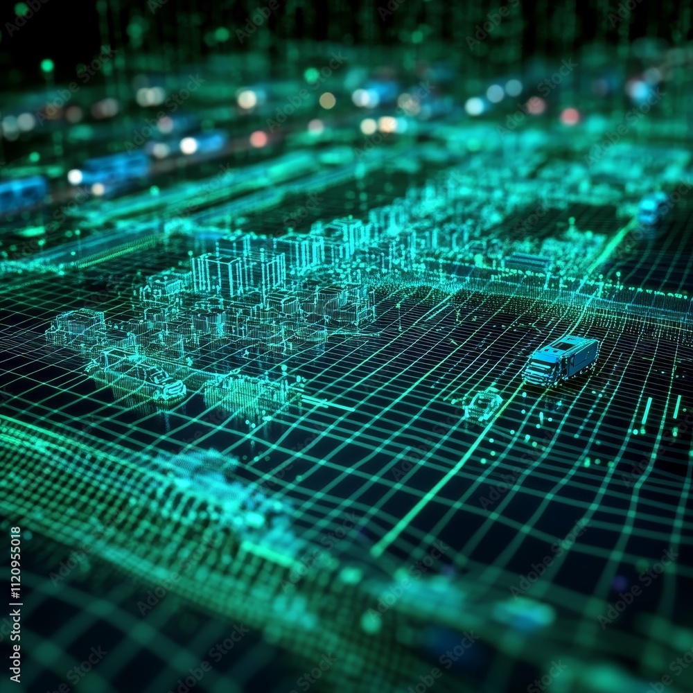 Aufkleber exploring the futuristic cityscape through a digital network visualization at night with neon effect