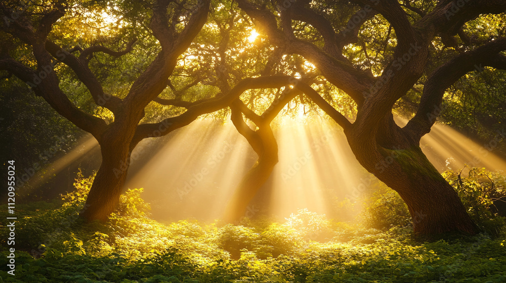 Poster sunlight filters through trees in a serene forest during early morning hours