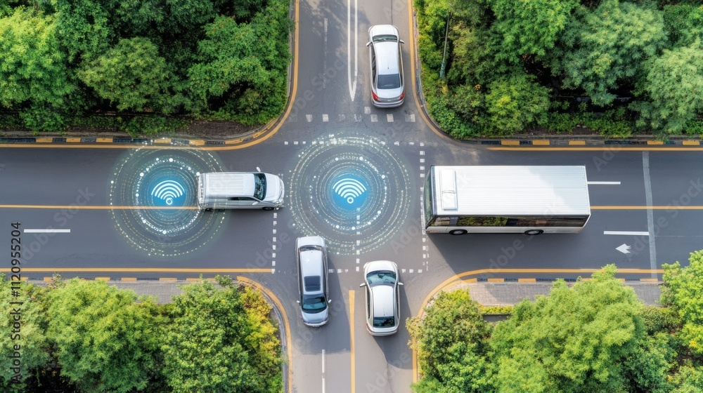 Poster aerial view of vehicles at an intersection with wireless signals indicating connectivity.