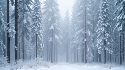 Naklejka premium Enchanted Snow-Covered Forest, Misty Winter Wonderland of Tall, White-Clad Trees