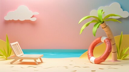 Obraz premium Minimalist Paper Diorama, Summer Beach Scene with Lounge Chair, Palm Tree, and Life Ring