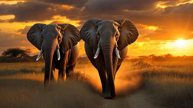 A pair of African elephants walks through a savannah at dusk, their large tusks a reminder of the poaching threat they face, as conservationists work to safeguard these giants.
