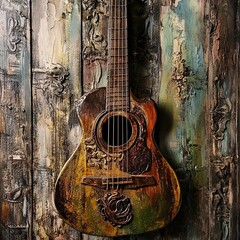 Fototapeta premium Vintage Acoustic Guitar: Rustic Charm and Musical Art
