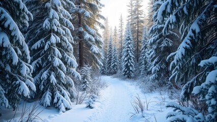 Fototapeta premium Serene Winter Wonderland, Snowy Pine Forest Path, Magical Winter Scene