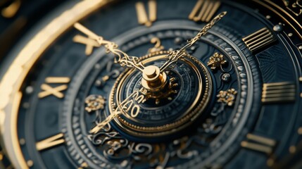 Close-up of a luxurious gold clock at midnight symbolizing time's elegant precision