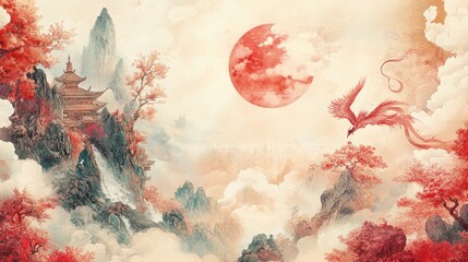 Asian Landscape Painting Featuring Phoenix and Pagoda