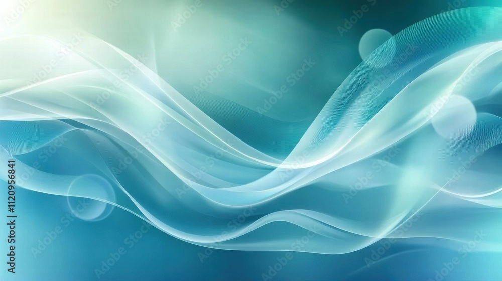 Poster teal and blue gradient dynamic wavy lines in soft flowing abstract digital design