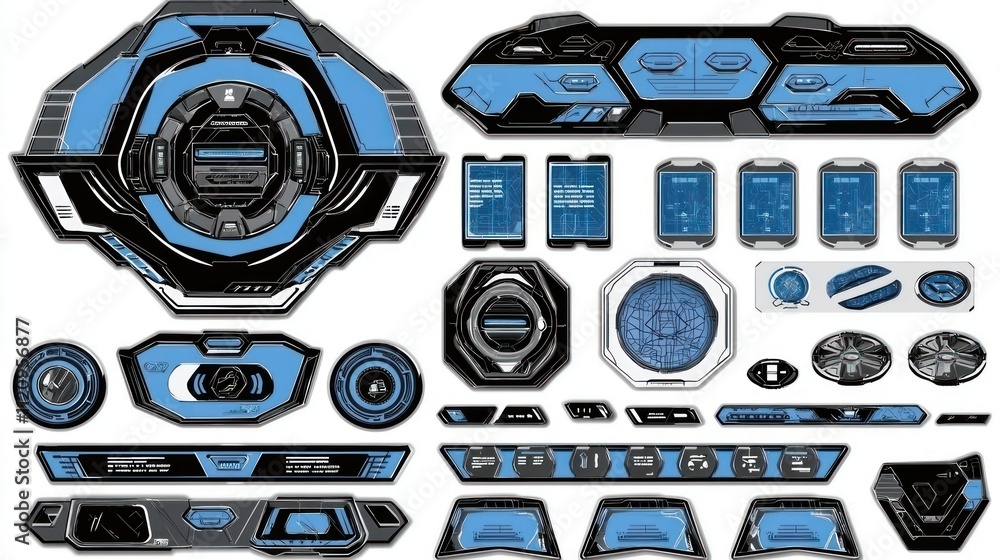 Poster futuristic user interface elements in blue and black design for digital applications.