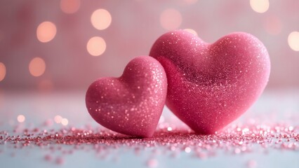 Obraz premium Sparkling Pink Hearts, Valentine's Day Glitter Bokeh Background with Copy Space