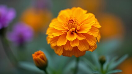 Fototapeta premium Vibrant Orange Marigold in Full Bloom, Macro Photography of Delicate Petals and Blurred Purple Background