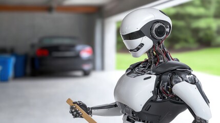 A humanoid robot holding a wooden stick in a garage setting.