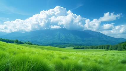 Obraz premium Stunning Summer Landscape, Japanese Mountains, Lush Green Hills, and a Vivid Blue Sky with Fluffy White Clouds. A Breathtaking View Perfect for Desktop Wallpaper, Travel Brochure, or