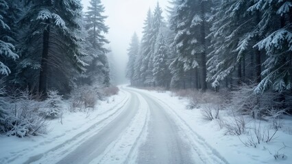 Panoramic Winter Wonderland, Snowy Path Winding Through a Picturesque Snow-Covered Pine Forest