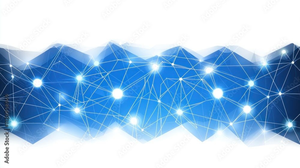 Poster abstract blue network design with glowing nodes and lines.
