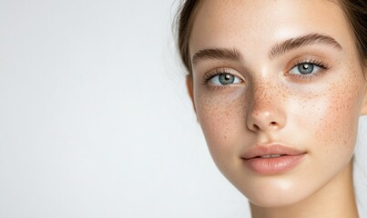 Fototapeta premium Close-up portrait of a young woman with freckles and natural beauty.