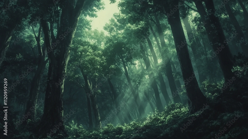 Poster forest with sunlight filtering through trees in a tranquil atmosphere