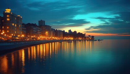Fototapeta premium Serene Coastal Cityscape at Dusk with Boats and Evening Glow