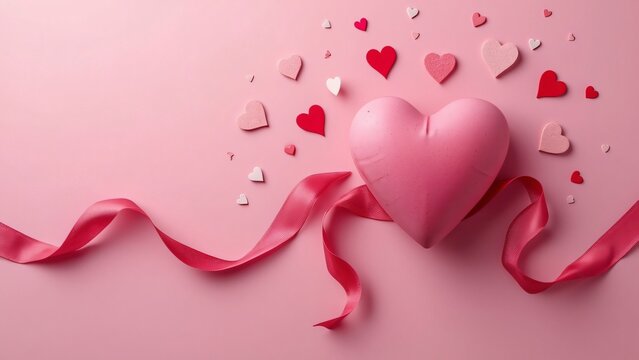 Romantic Valentine's Day Banner, Pink Heart, Ribbon & Scattered Hearts on Pink Background - High Resolution Photography